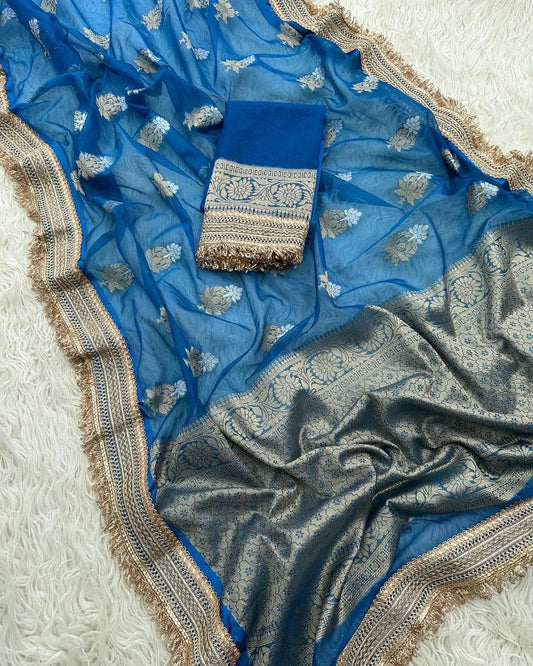 Contemporary Royal Blue Banarasi Kora Dybel Saree
