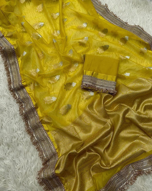 Radiant Lemon Yellow Banarasi Kora Dybel Saree
