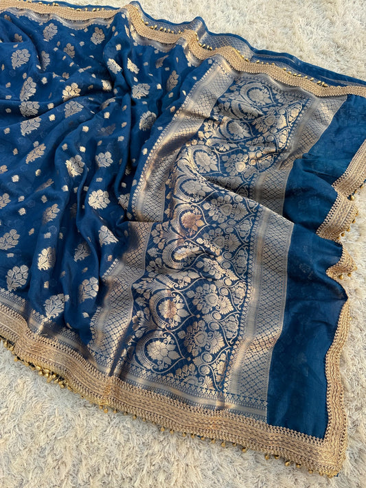 Exquisite Navy Blue Banarasi Soft Georgette Saree