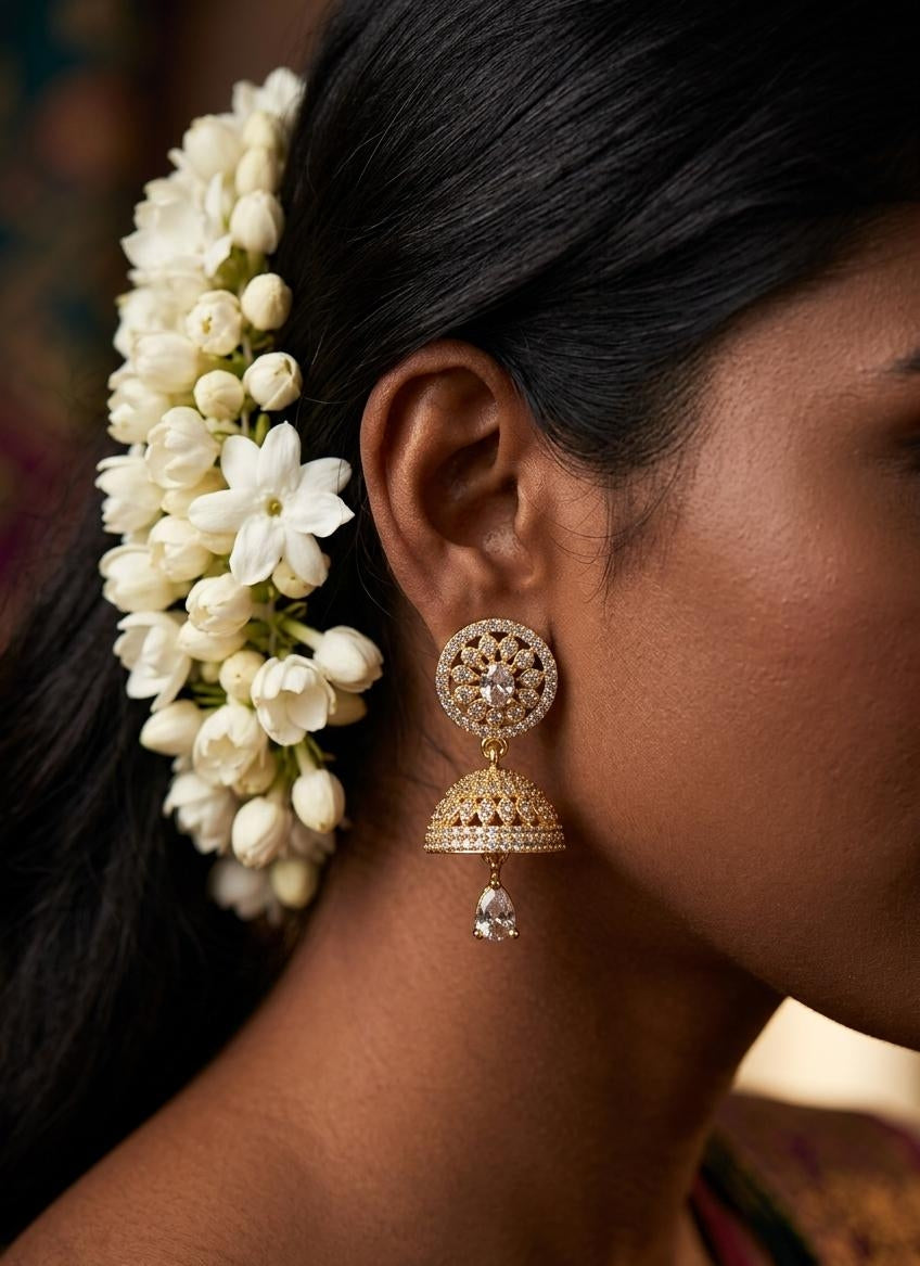 Gold Plated Jhumka Earrings Featuring Intricate Cubic Zirconia Stone