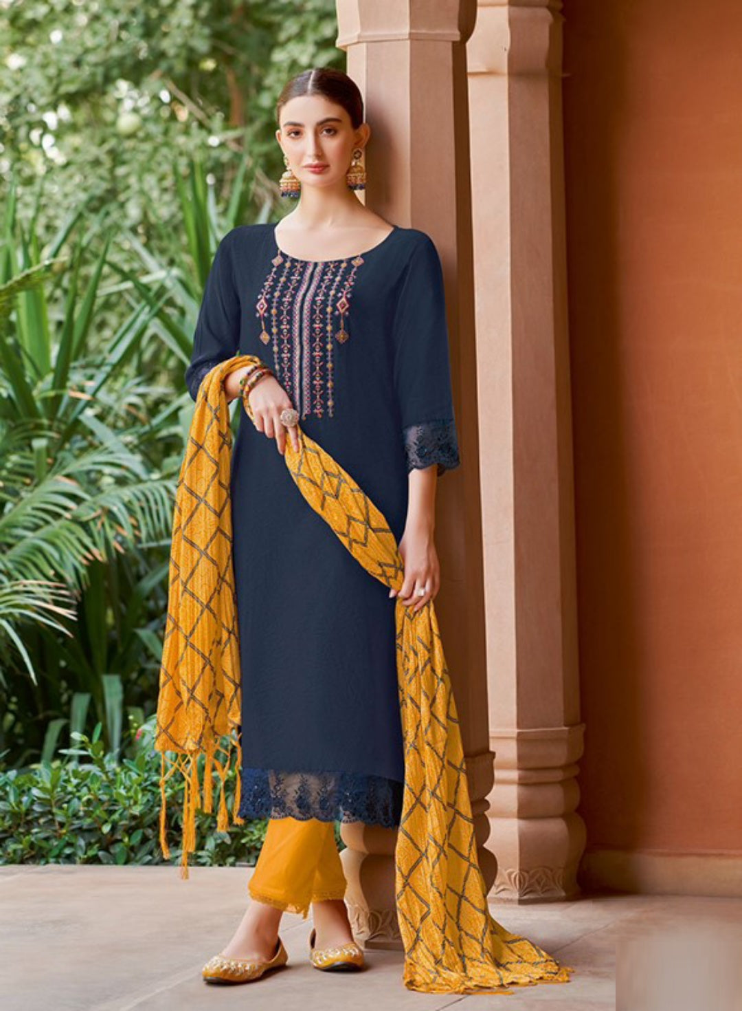 Stylish Blue And Mustard Viscose Embroidery Suit Set