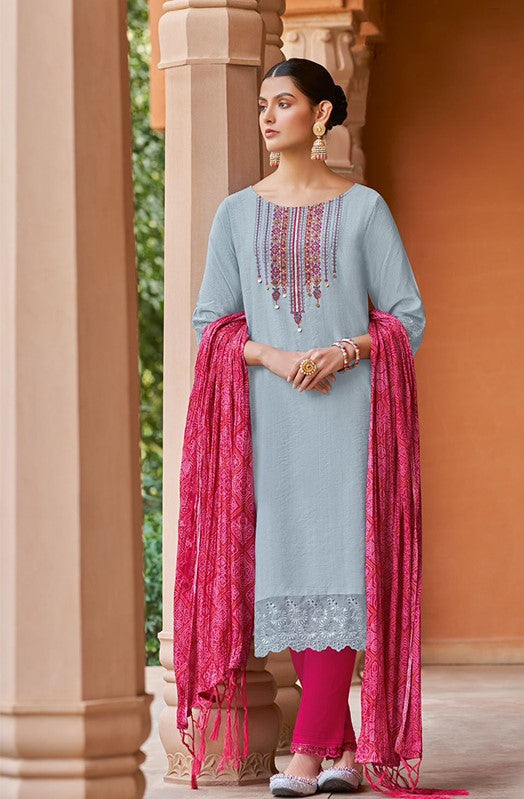 Women Light Blue And Pink Embroidery Suit Set