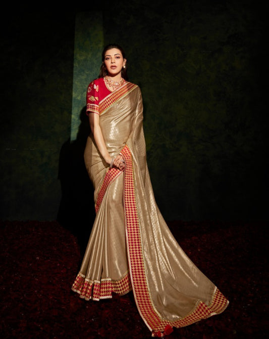Breathtaking Beige And Red Premium Febric With Embroidery Or Swrovski Work Saree