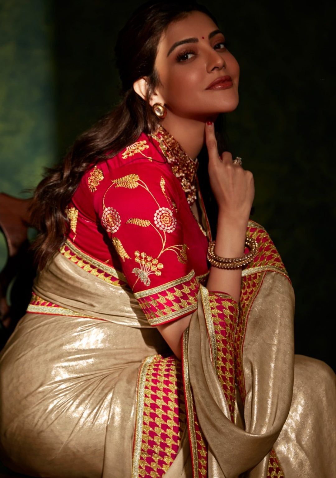 Breathtaking Beige And Red Premium Febric With Embroidery Or Swrovski Work Saree