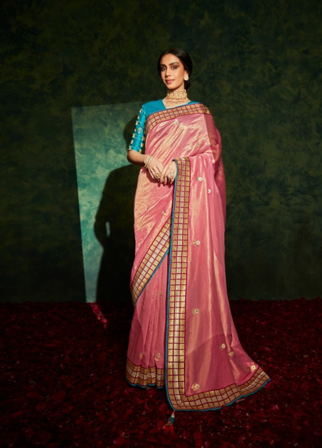 Gleaming Pink And Teal Premium Febric With Embroidery Or Swrovski Work Saree
