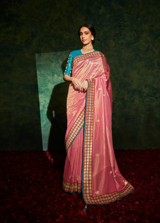 Gleaming Pink And Teal Premium Febric With Embroidery Or Swrovski Work Saree