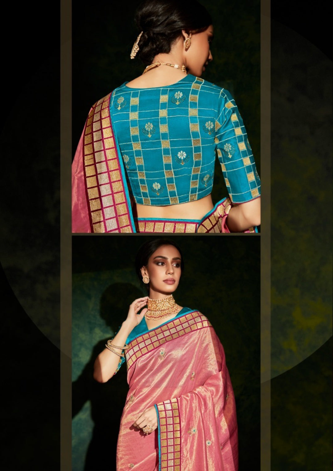 Gleaming Pink And Teal Premium Febric With Embroidery Or Swrovski Work Saree