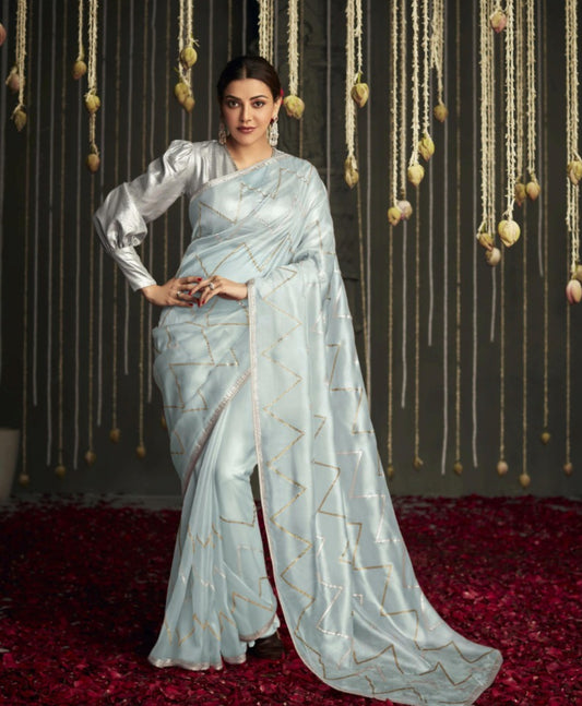 Opalescent Light Blue And Grey Premium Febric With Embroidery Or Swrovski Work Saree