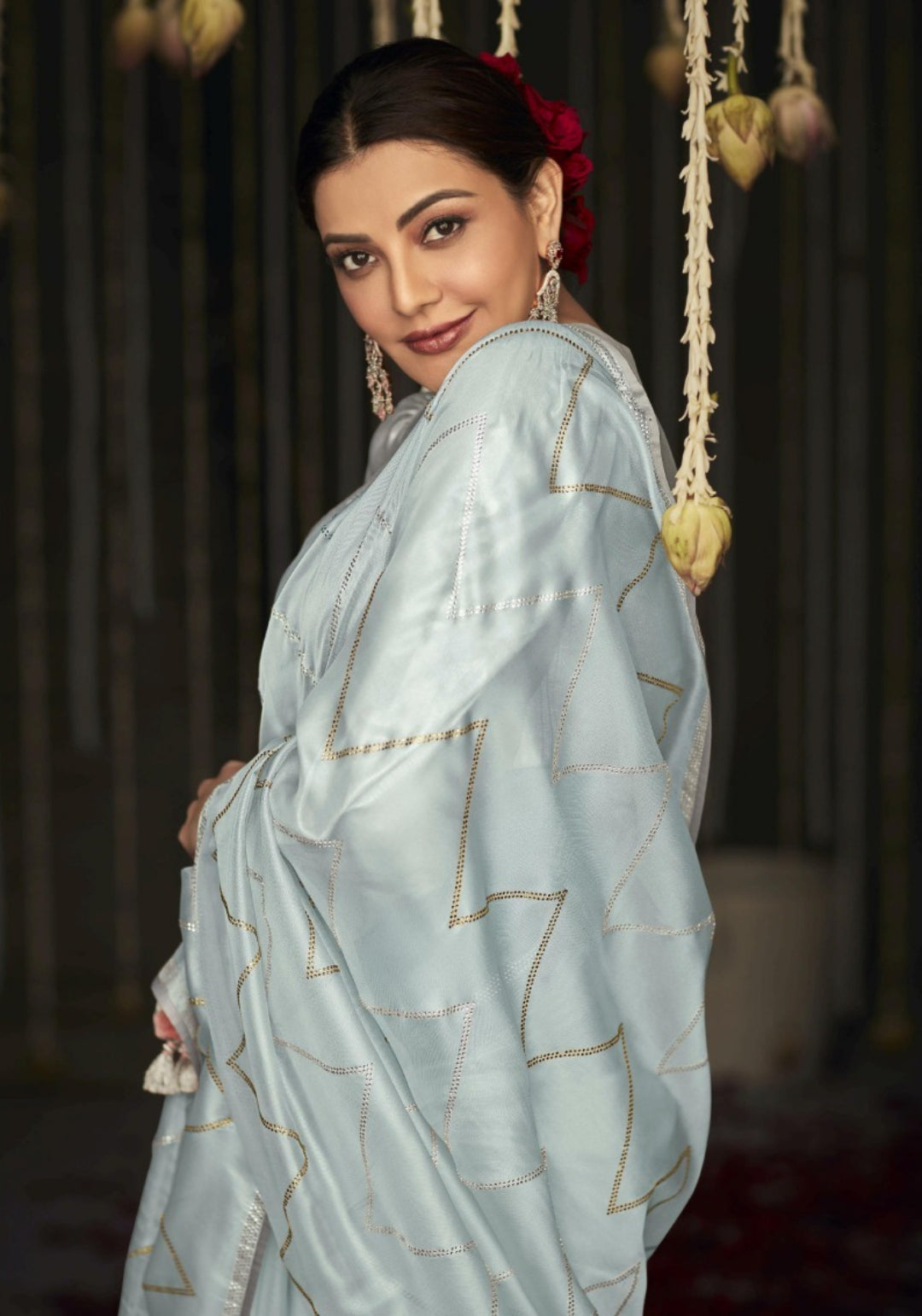 Opalescent Light Blue And Grey Premium Febric With Embroidery Or Swrovski Work Saree