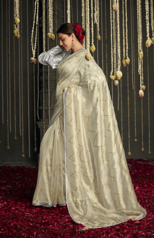 Luxe Beige And Grey Premium Febric With Embroidery Or Swrovski Work Saree