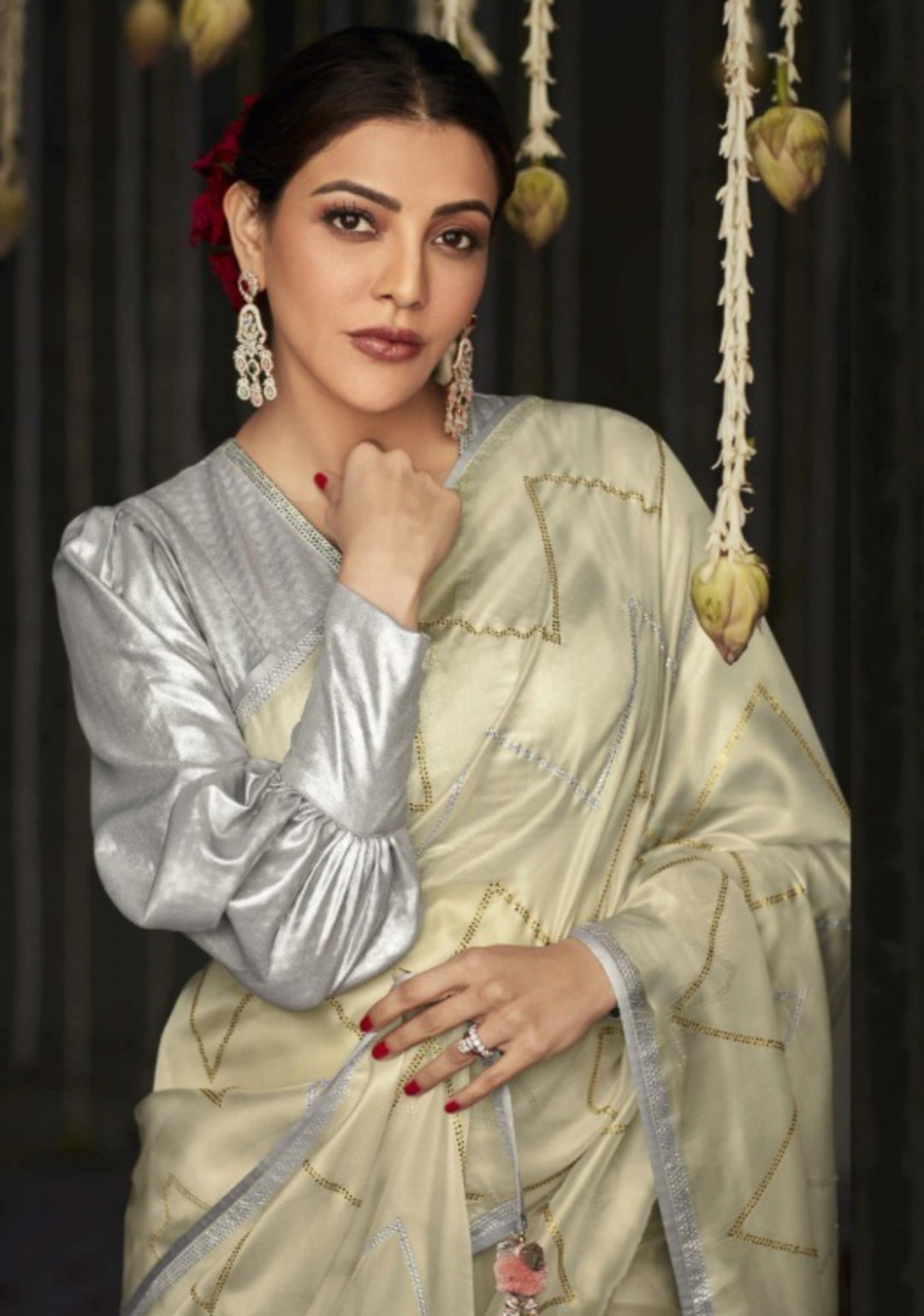 Luxe Beige And Grey Premium Febric With Embroidery Or Swrovski Work Saree