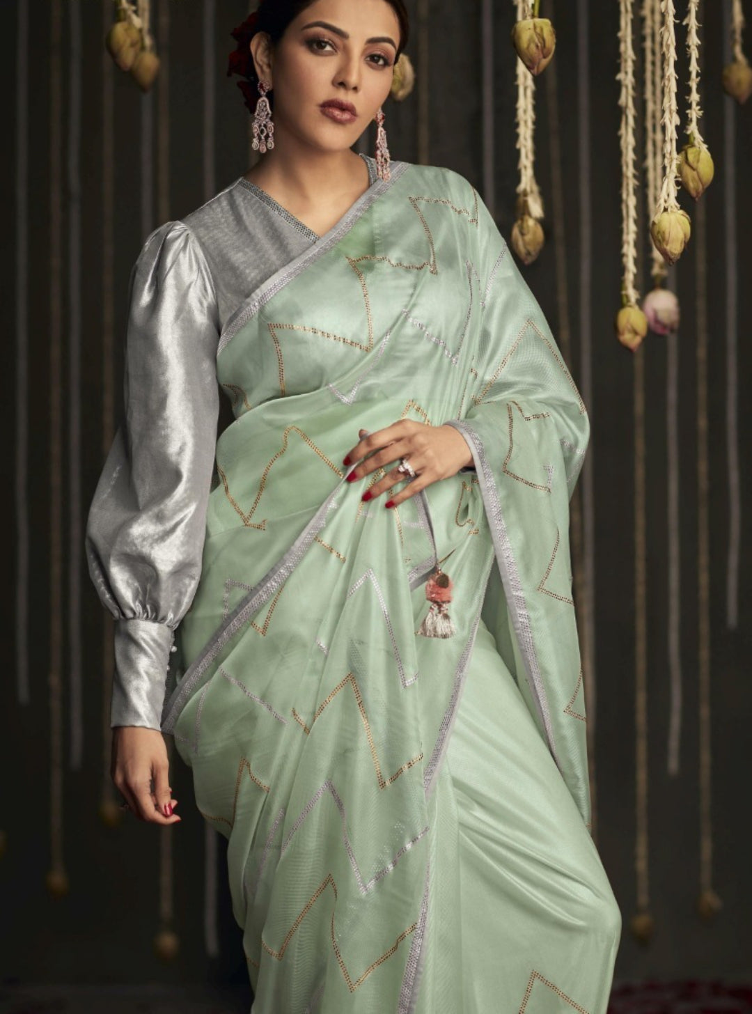 Immaculate Light Green And Grey Premium Febric With Embroidery Or Swrovski Work Saree