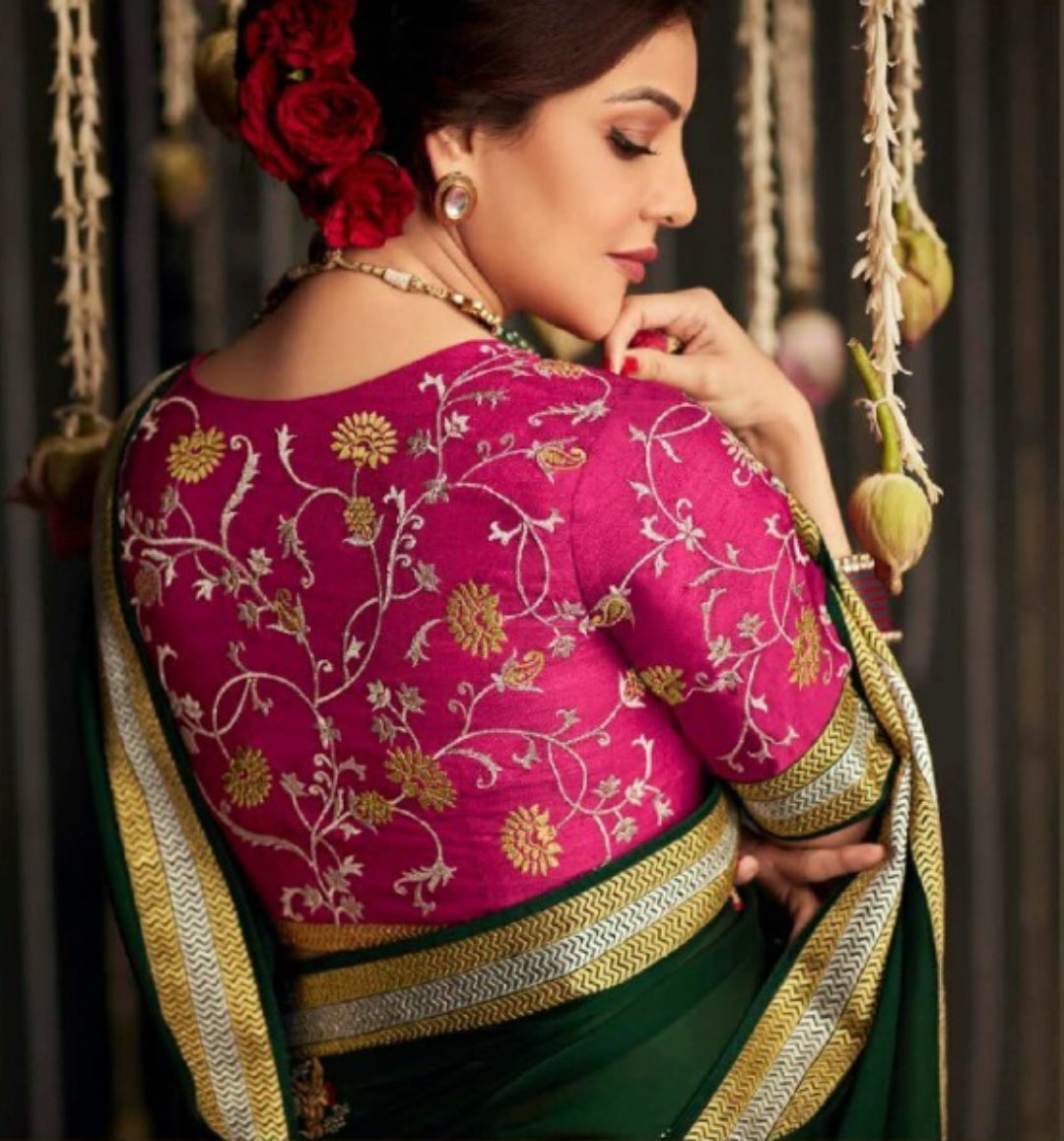 Sculpted Green And Pnk Premium Febric With Embroidery Or Swrovski Work Saree