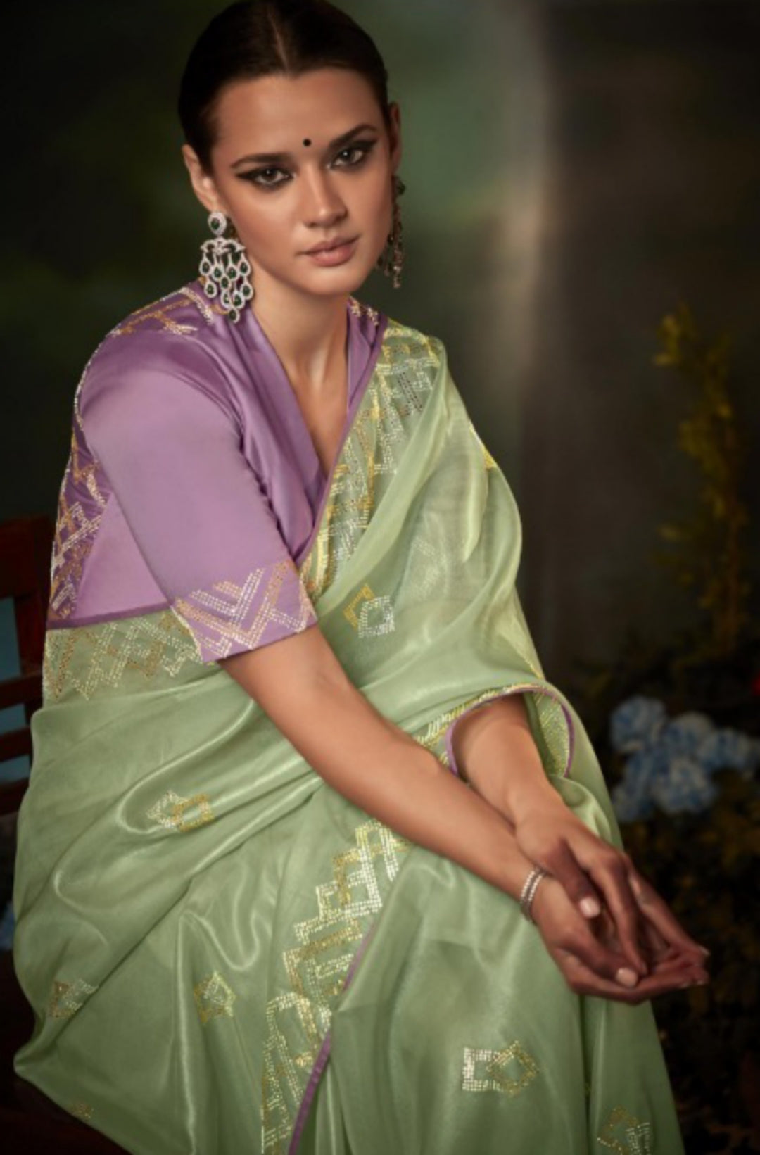 Flattering Light Green And Violet Premium Febric With Embroidery Or Swrovski Work Saree