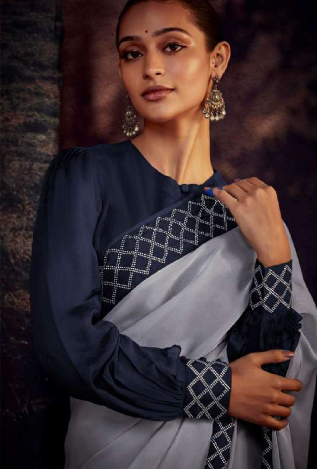 Iconic Grey And Navy Blue Premium Febric With Embroidery Or Swrovski Work Saree