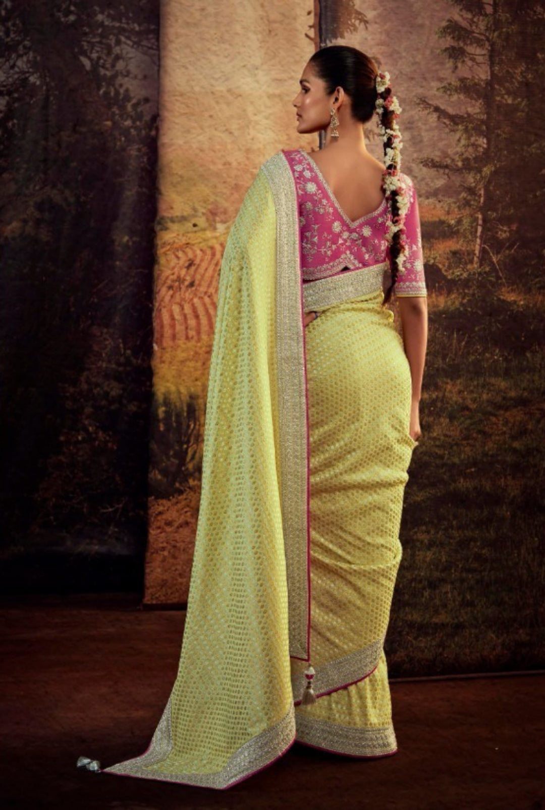 Sumptuous Light Yellow And Pink Premium Febric With Embroidery Or Swrovski Work Saree