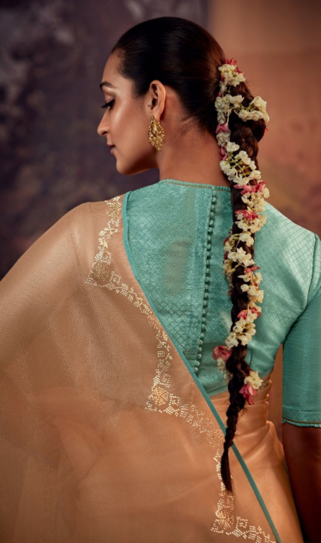 Statement-Making Peach And Blue Premium Febric With Embroidery Or Swrovski Work Saree
