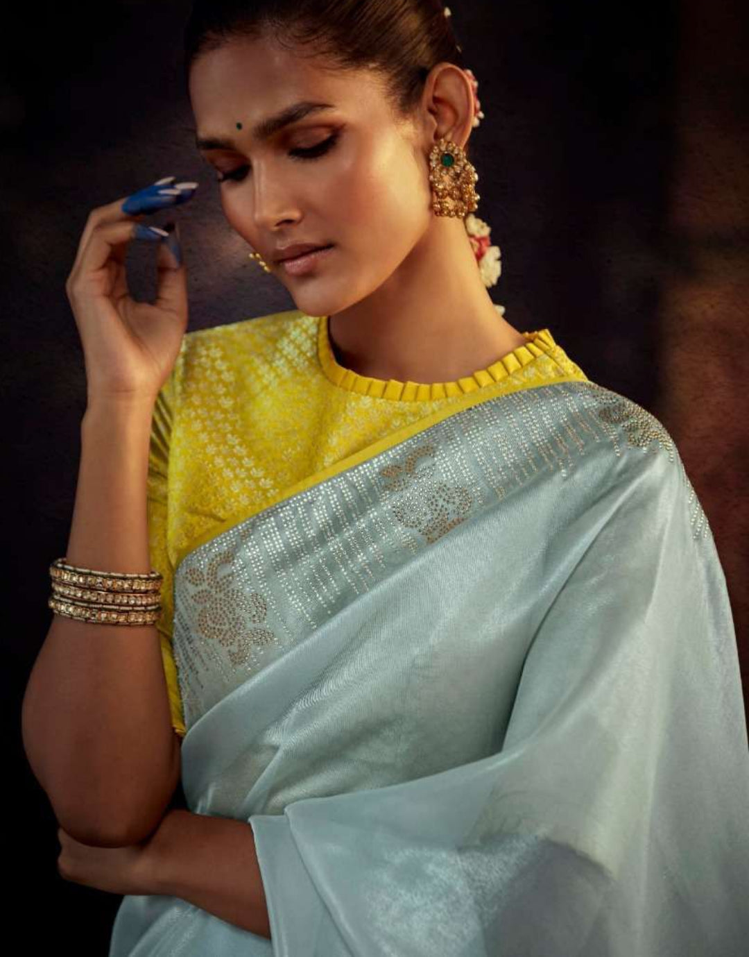 Couture Light Blue And Yellow Premium Febric With Embroidery Or Swrovski Work Saree