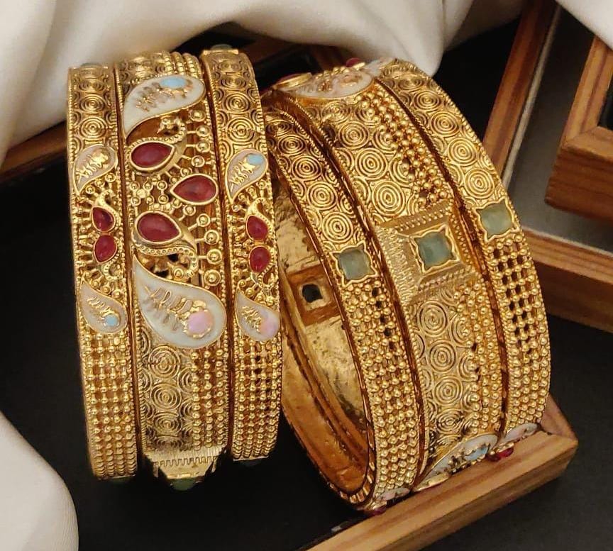 Gemocracy Gold Plated Brass Bangle Set Featuring Intricate Featuring S And Studded Stones
