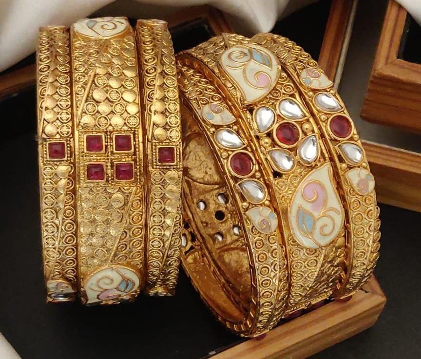 Classic Creations Gold Plated Brass Bangle Set Featuring Intricate Featuring And Studded Stones