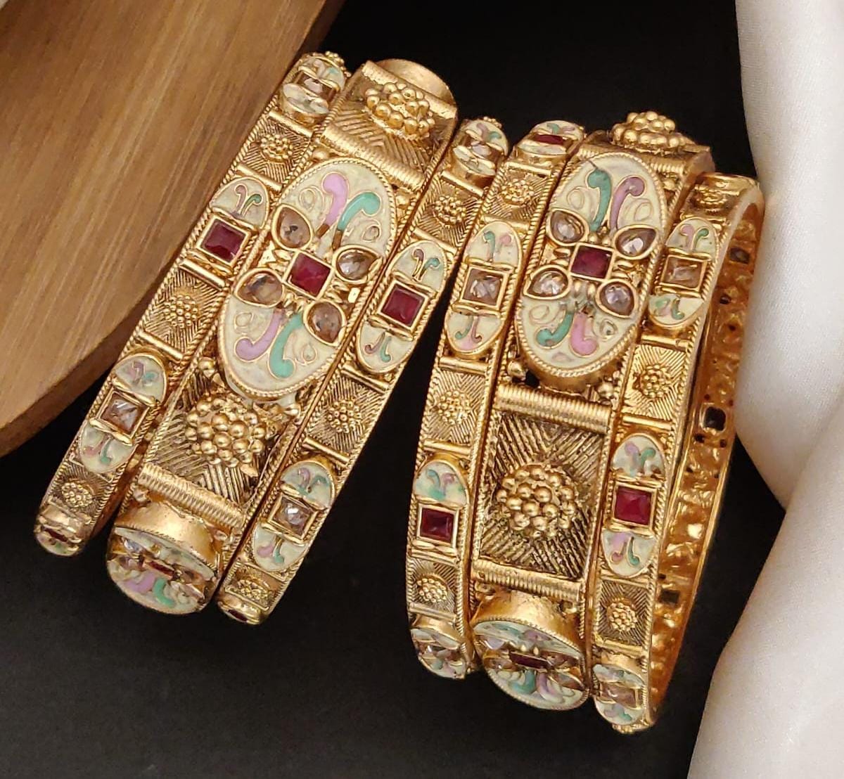 Jewelz Gold Plated Brass Bangle Set Featuring Intricate Featuring And Studded Stones