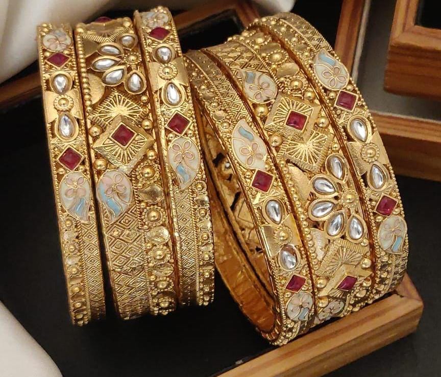 Glisten Cart Gold Plated Brass Bangle Set Featuring Intricate Featuring And Studded Stones