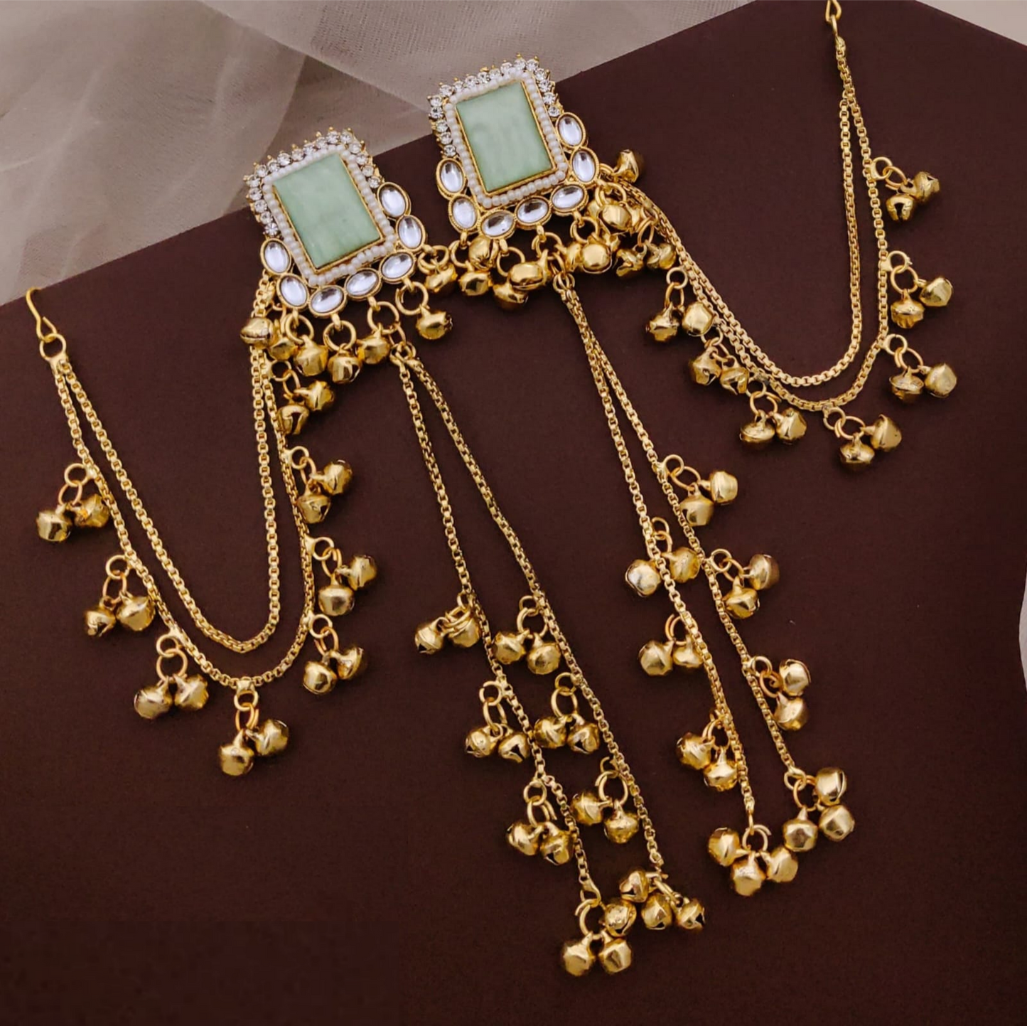 Kashmiri Style Earrings Featuring A Square Sea Green Stone Studded With Kundan And Pearl Accents