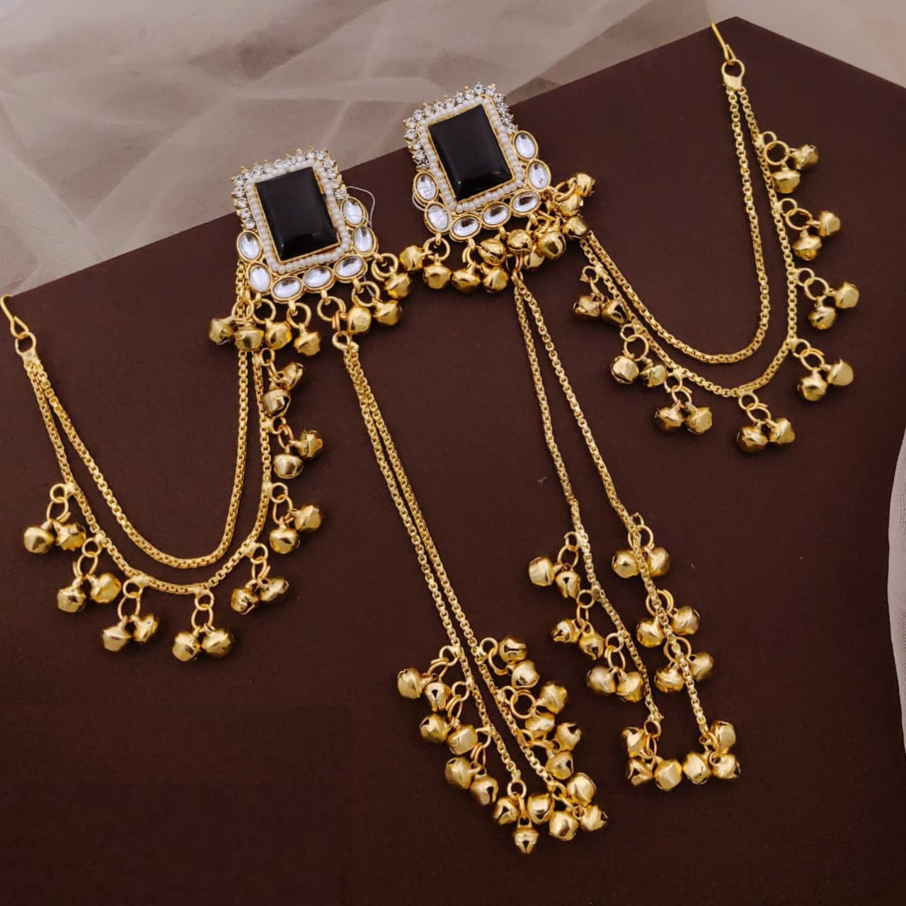 Kashmiri Style Earrings Featuring A Square Black Stone Studded With Kundan And Pearl Accents