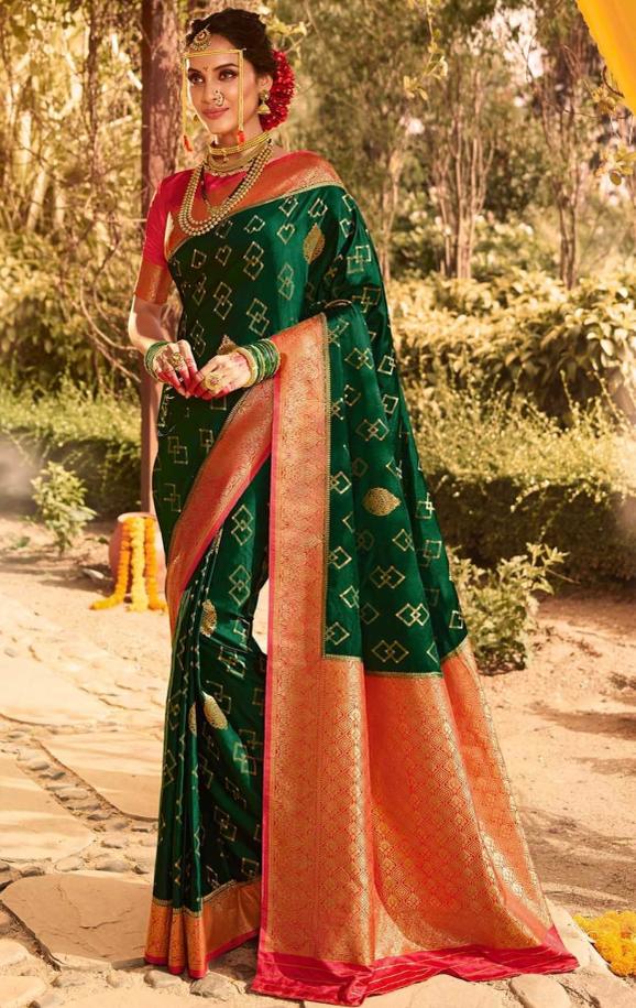 Women Green And Red Banarasi Soft Silk Saree