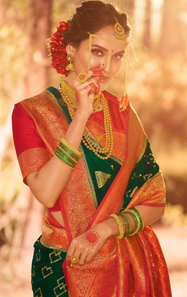 Women Green And Red Banarasi Soft Silk Saree