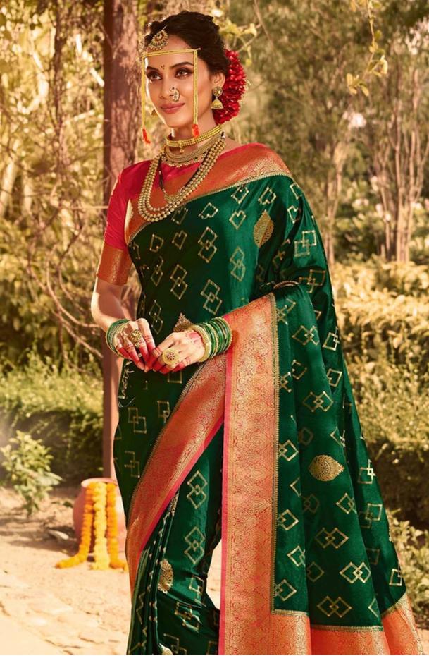 Women Green And Red Banarasi Soft Silk Saree