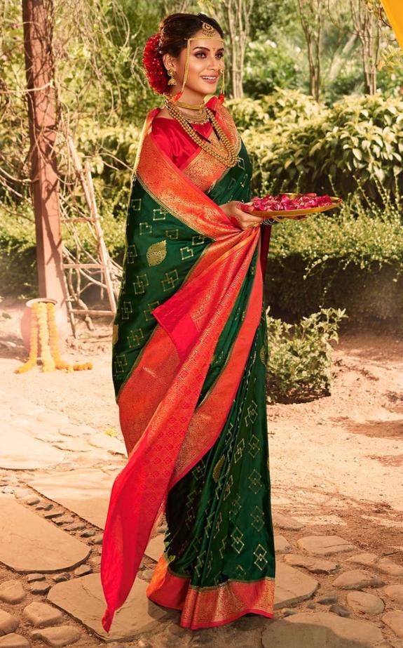 Women Green And Red Banarasi Soft Silk Saree