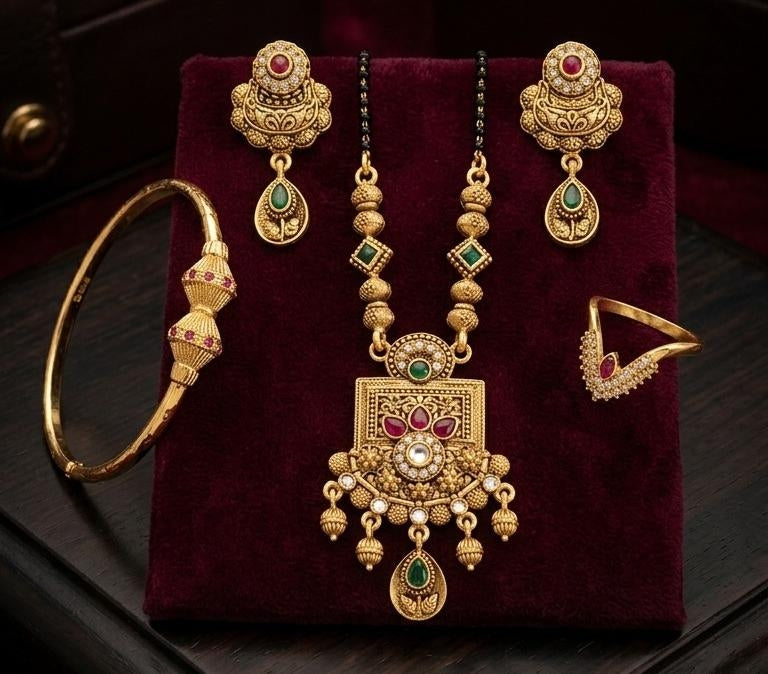 Antique Gold Plated Mangalsutra Set With Matching Earrings, Bangle And Ring