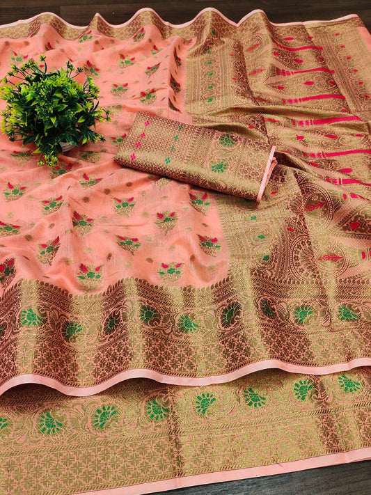 Women Coral Soft Silk Paithani Saree