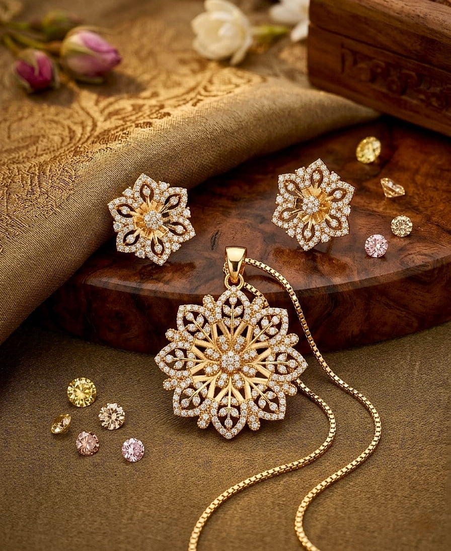Delightful Wears Gold Plated Geometric Pendant Set With Earring