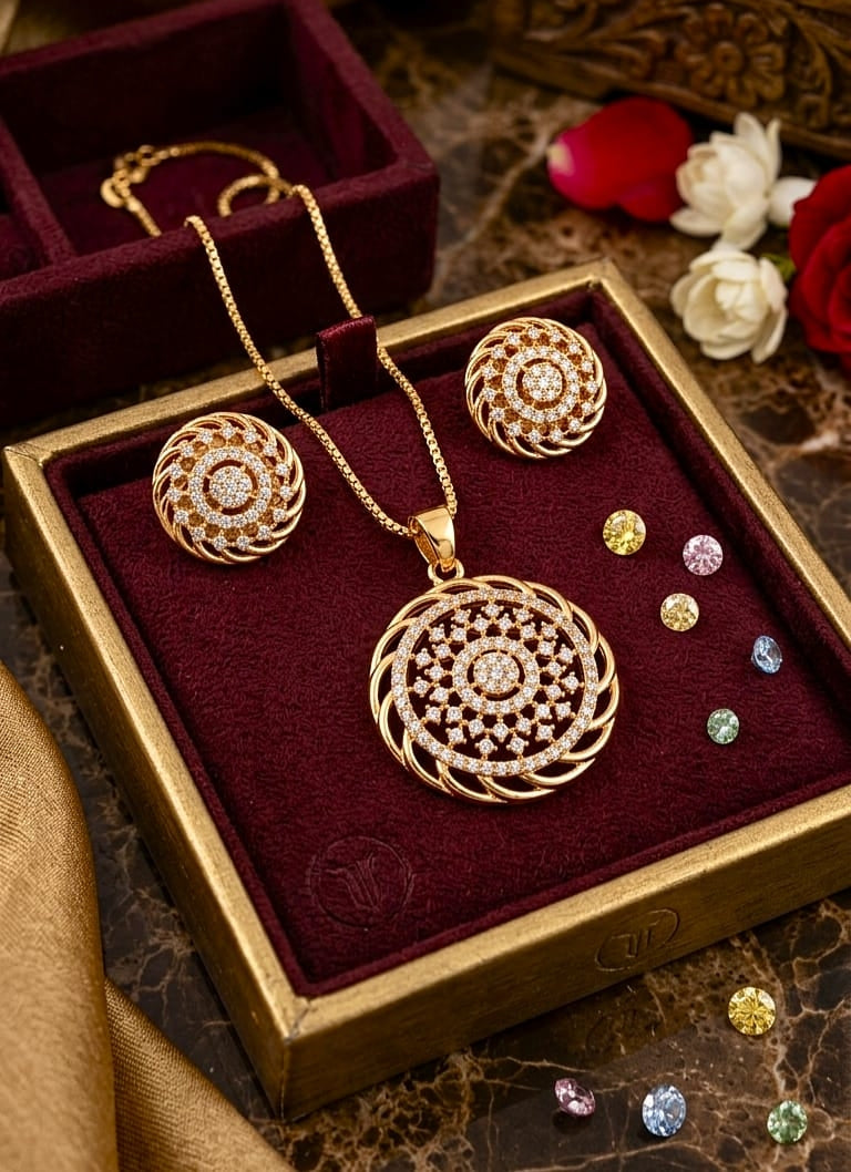 Golden Gleam Gold Plated Geometric Pendant Set With Earring