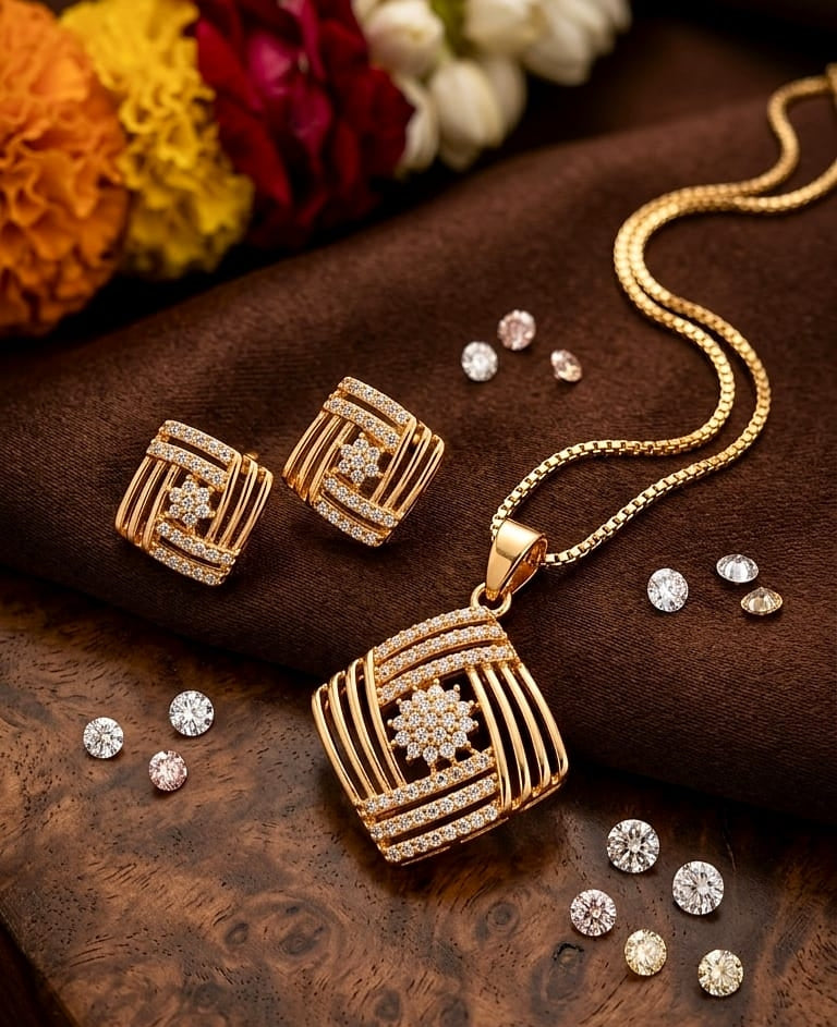 Elegante Gold Plated Geometric Pendant Set With Earring