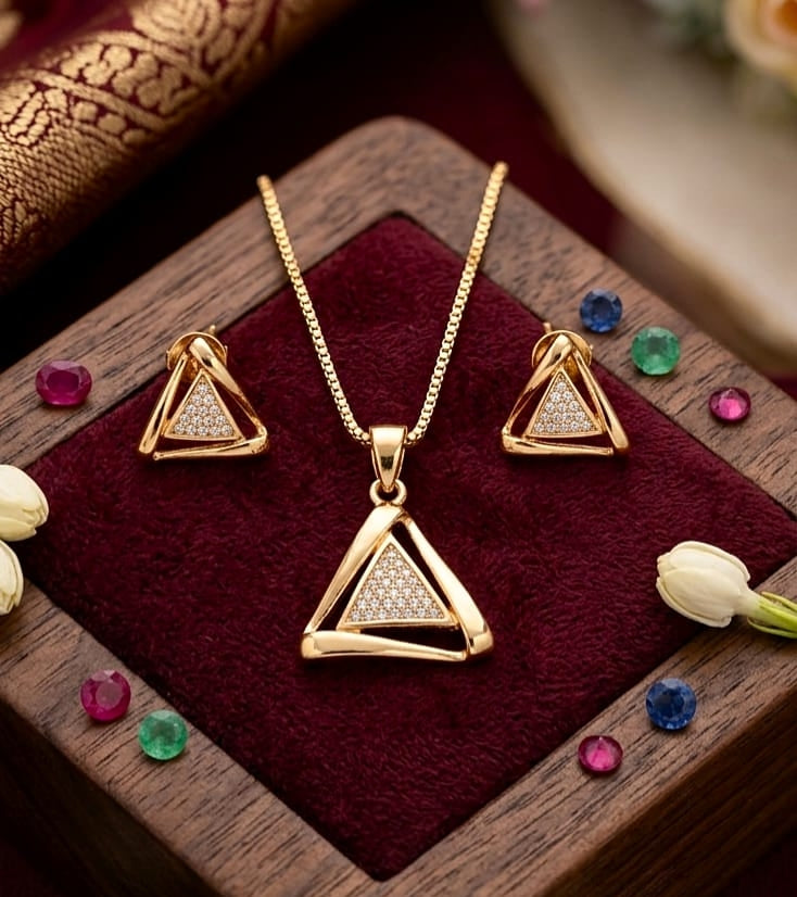 Classic Creations Gold Plated Geometric Pendant Set With Earring