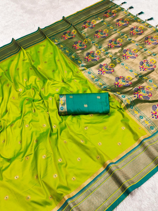 Women Neon Green Soft Silk Paithani Saree