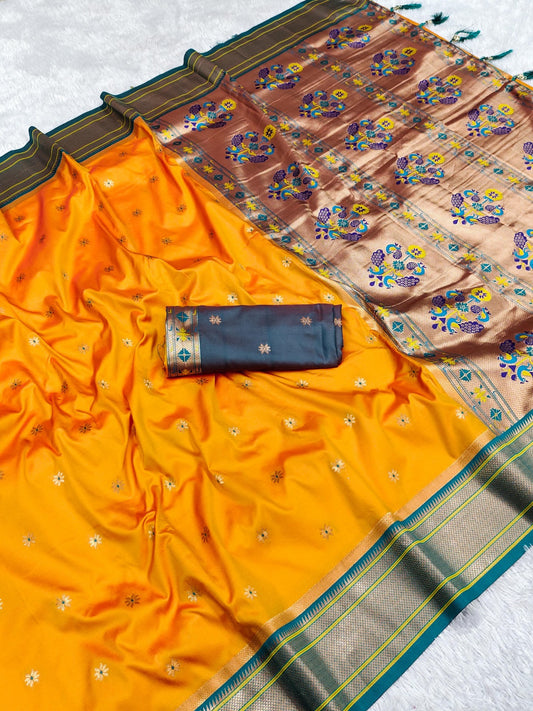 Women Orange Soft Silk Paithani Saree