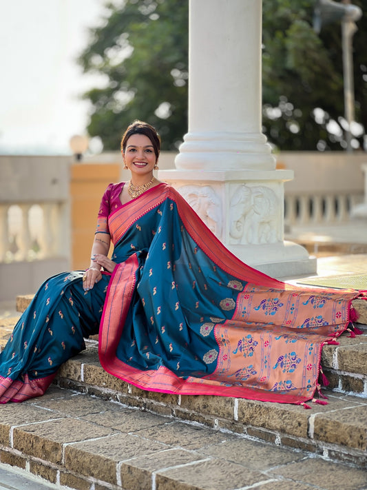 Women Dark Teal Pethani Silk With Zari Weaving Saree