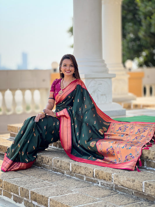 Women Bottle Green Pethani Silk With Zari Weaving Saree