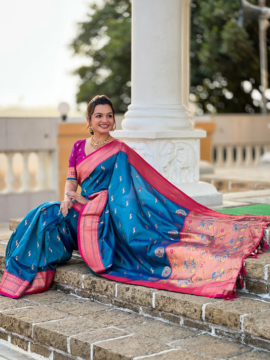 Women Teal Pethani Silk With Zari Weaving Saree