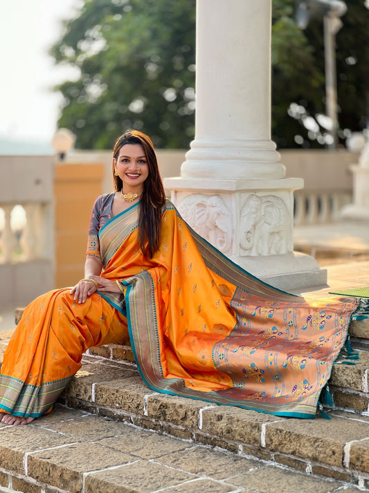 Women Orange Pethani Silk With Zari Weaving Saree