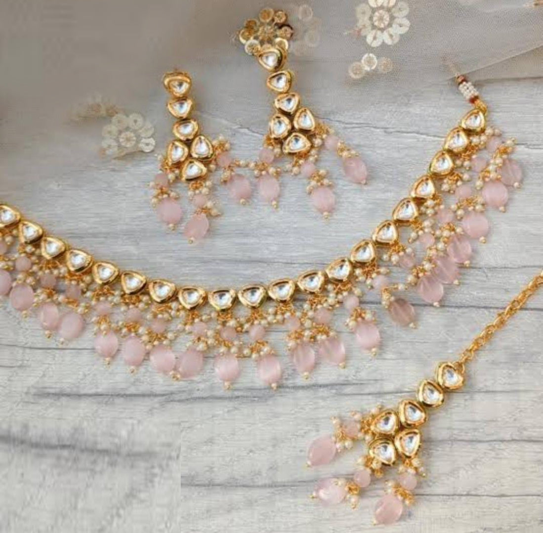 Elegant Meenakari Pink And Gold Necklace Set