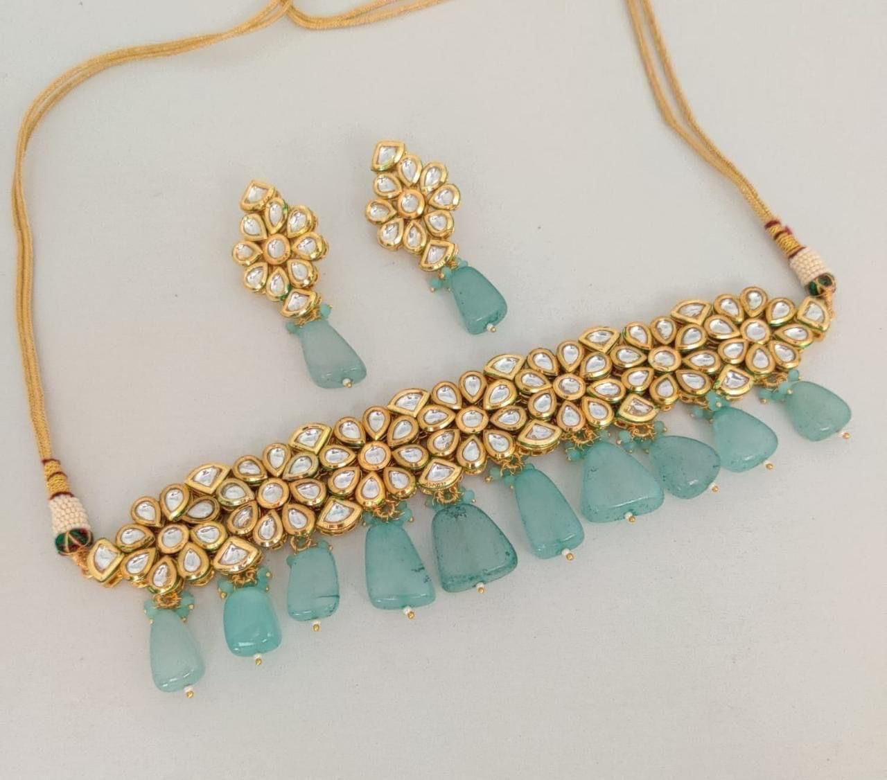 Elegant Sea Blue Stone Studded Necklace Set