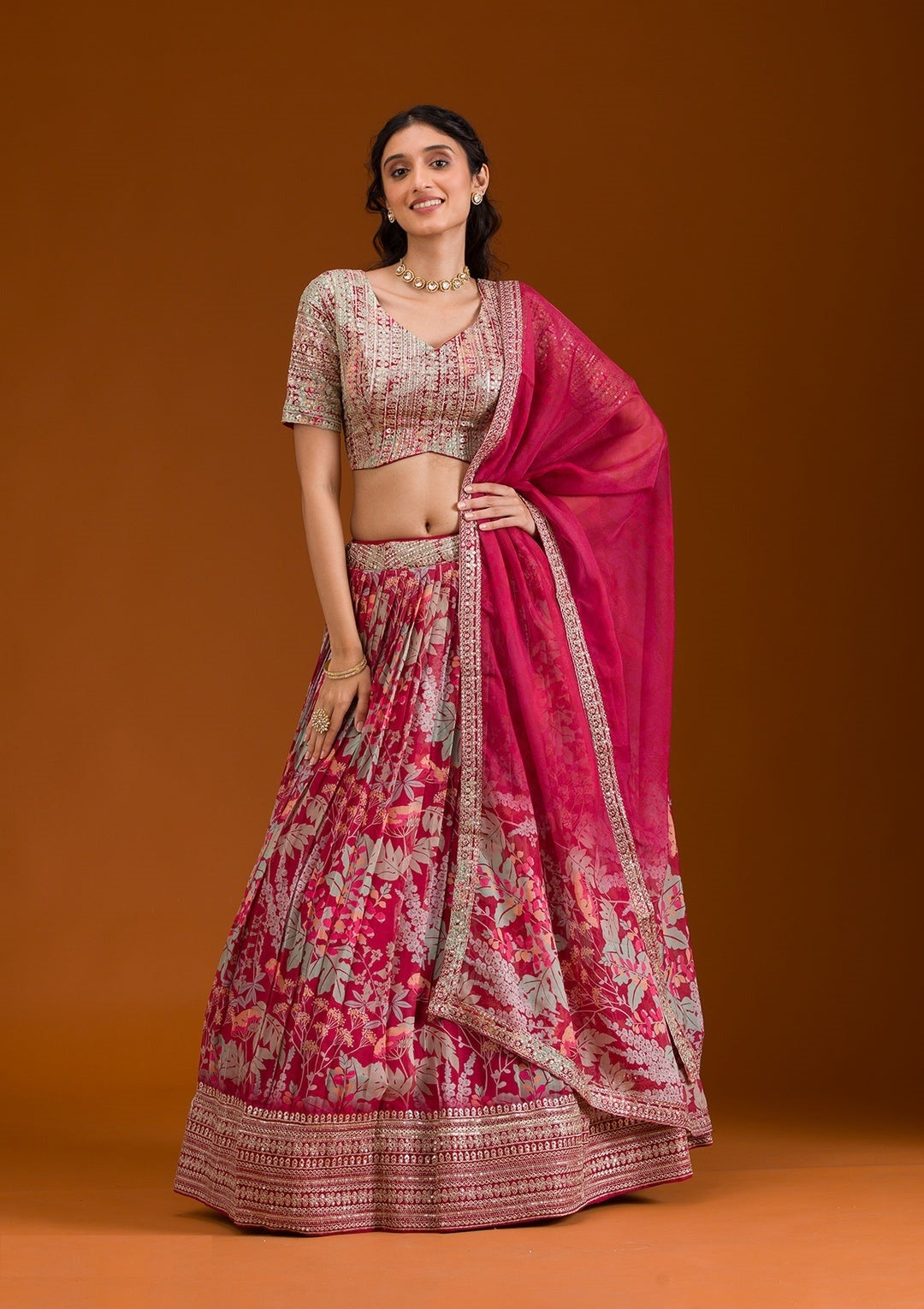Chic Pink Organza Stylish Lehenga