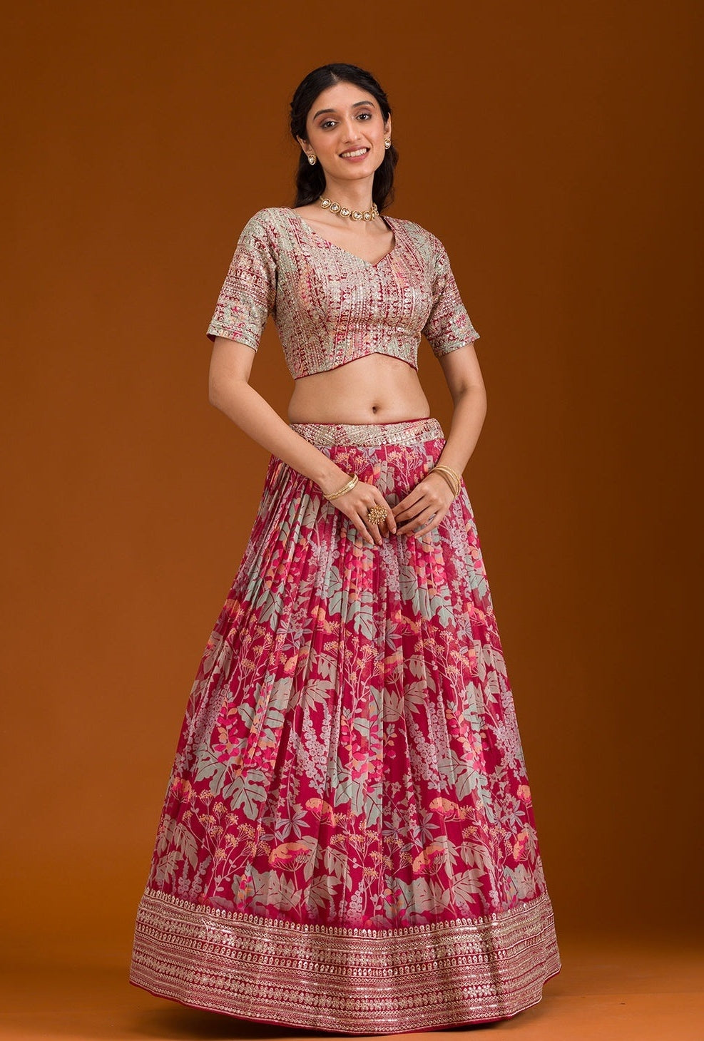Chic Pink Organza Stylish Lehenga