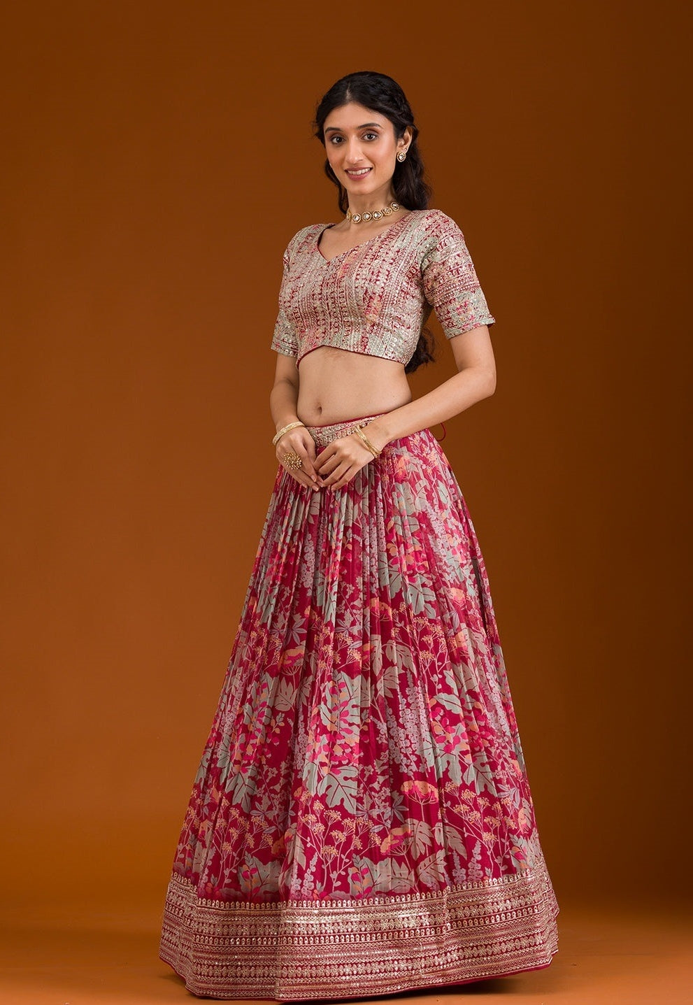 Chic Pink Organza Stylish Lehenga