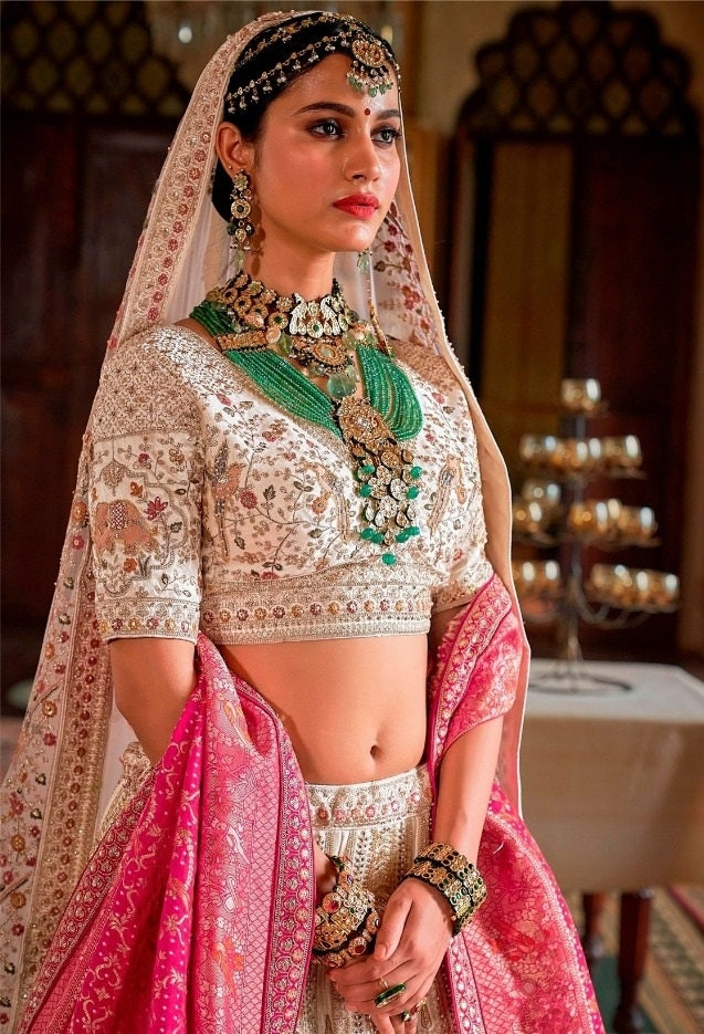 Opulent White And Pink Silk Bridal Lehenga
